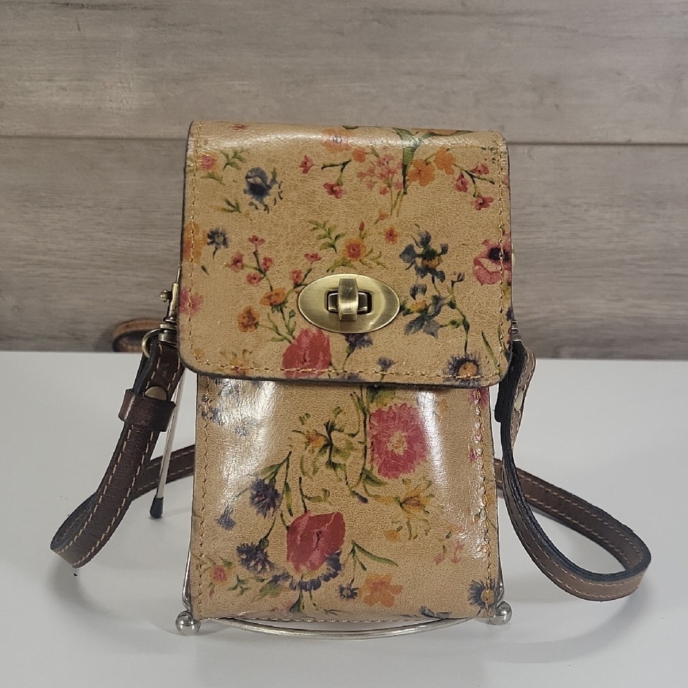 Patricia Nash Floral Leather Crossbody Phone Bag Tan Multi Turn Lock Small